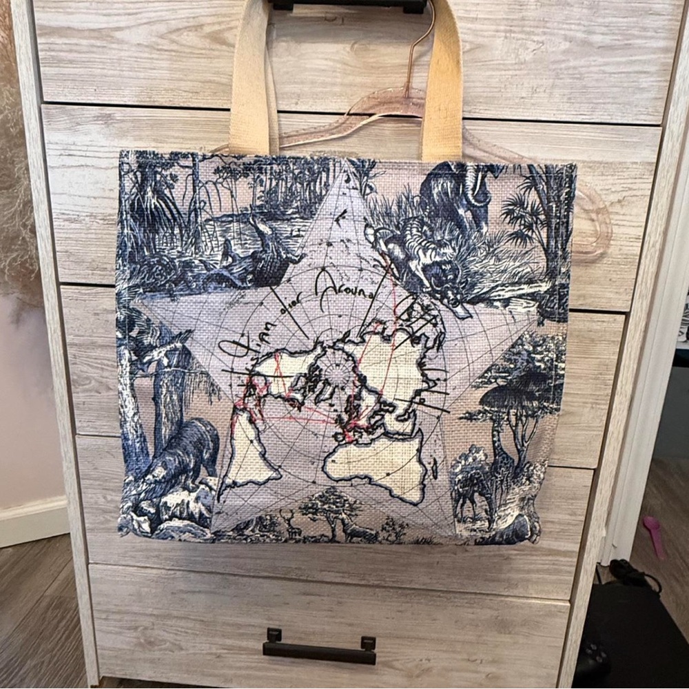 Blue and Cream Tote Bag with Map Design